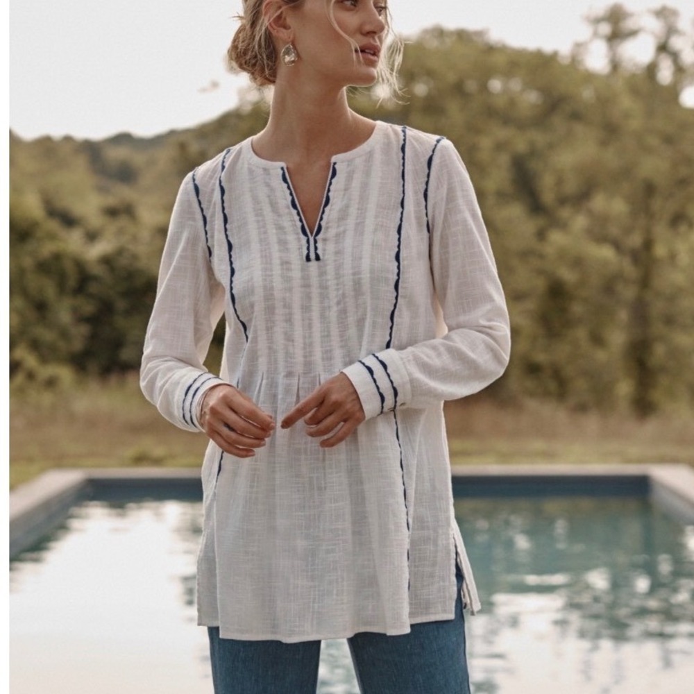 J. Jill White Cotton Linen Blend Tunic Top Navy Ric Rac Trim Split Neck Small